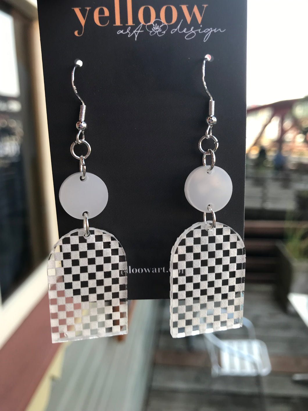Yelloow Art Earrings- White Checkered Window