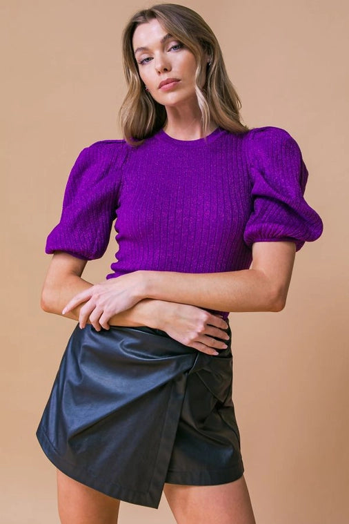 Purple Metallic Sweater Puff Sleeve Blouse