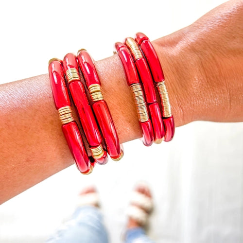 Acrylic Metallic Red Tube Bamboo Bracelet