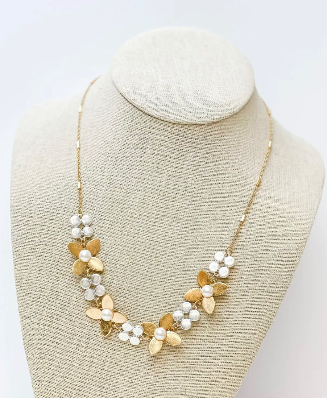 Two Toned Pearl Flower Statement Necklace